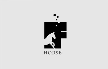 F horse alphabet letter logo icon with stallion shape inside. Creative design in black and white for business and company