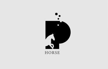 P horse alphabet letter logo icon with stallion shape inside. Creative design in black and white for business and company