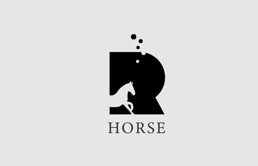 R horse alphabet letter logo icon with stallion shape inside. Creative design in black and white for business and company