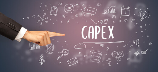 Close-Up of cropped hand pointing at CAPEX inscription, modern business solution concept