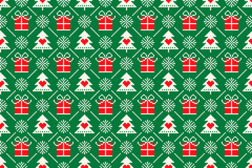 Winter Holiday Pixel Seamless Pattern with Christmas Symbols. Christmas Trees, Snowflakes, and Present Boxes Ornament. Scheme for Knitted Sweater Pattern Design or Cross Stitch Embroidery.