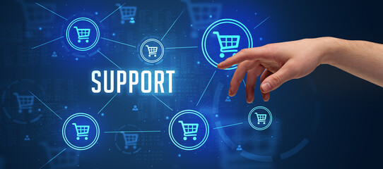 Close-Up of cropped hand pointing at SUPPORT inscription, online shopping concept