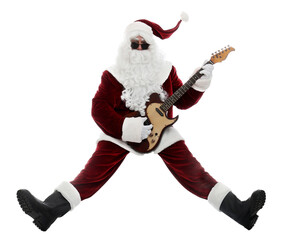 Santa Claus playing electric guitar on white background. Christmas music