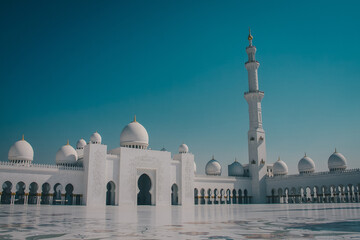Famous sheik Zayed mosque in Abu Dhabi, inside view of the biggest mosque in the world on a sunny...