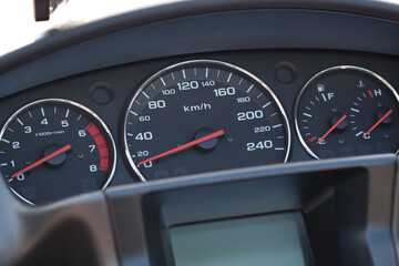 speedometer and tachometer of the switched off vehicle with readings at zero and oil and gasoline level gauge. modern style and design. - Powered by Adobe