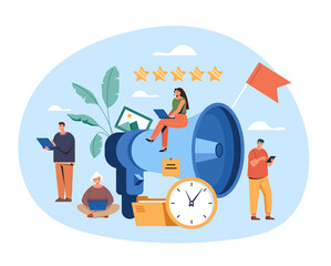 Obraz premium Marketing announcements loud speaker concept. Vector flat cartoon graphic design illustration