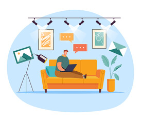 Man worker student laying on sofa and working at computer concept. Vector flat cartoon graphic design illustration