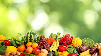 Assortment of fresh organic vegetables and fruits on blurred green background