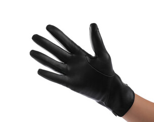 Woman wearing black leather glove on white background, closeup