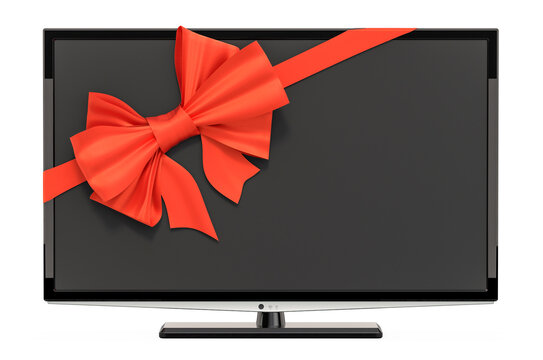 Modern TV set with ribbon and bow, gift concept. 3D rendering