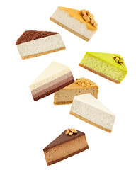 Falling Piece of cheesecake isolated on white background, clipping path, full depth of field