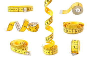 Set of yellow measuring tapes on white background