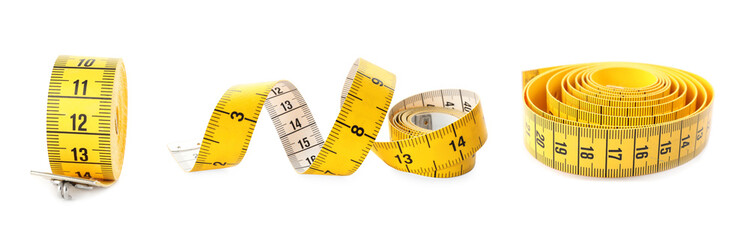 Set of yellow measuring tapes on white background. Banner design