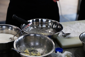 metal bowls in the restaurant kitchen