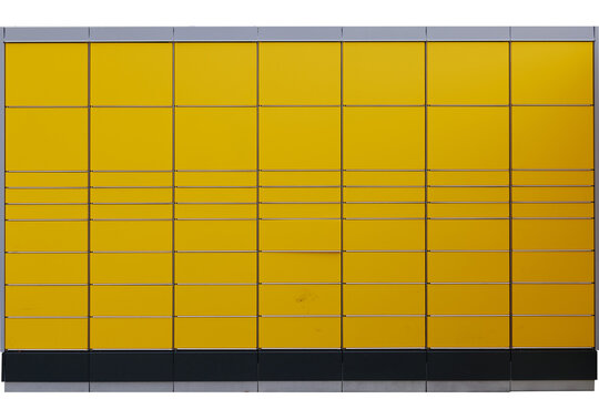 Isolated yellow parcel pick up station or Packing station on white background.