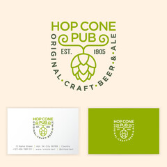 Hop Cone Pub logotype. Green Hop Cone emblem. Composition from beautiful letters, green hop cone on rounded shape sign board. Vintage style. Business card.
