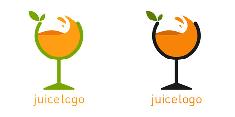 Orange fruit juice logo illustration  template with glass and leaves