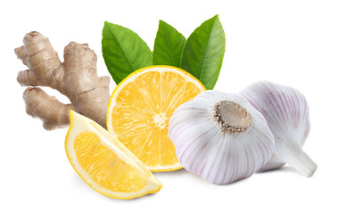 Ginger root, garlic and lemon on white background