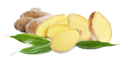Aromatic fresh ginger with green leaves on white background, banner design