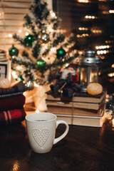 Christmas cookies. Flat lay winter cozy Christmas vintage background. The cup of tea or coffee. Christmas atmosphere.
