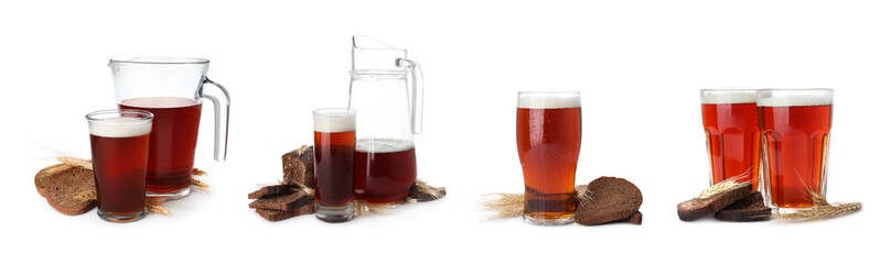 Collage with delicious kvass on white background. Banner design