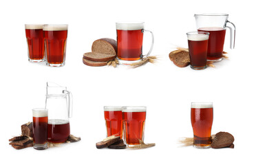 Collage with delicious kvass on white background