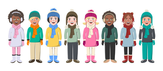 Fototapeta na wymiar Multiethnic friends. Eight different kid faces. Asian, african and caucasian standing in winter clothes. isolated vector illustration
