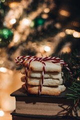Scandinavian hygge styled Christmas composition. Cozy winter homely scene with cookies. Santa Claus working place. Flatlay. Home decor.