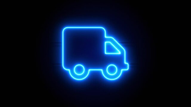 Truck neon sign appear in center and disappear after some time. Animated blue neon icon on black background. Looped animation.