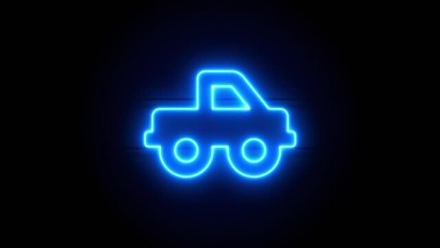 Pickup Truck neon sign appear in center and disappear after some time. Animated blue neon icon on black background. Looped animation.