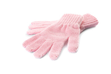 Pink woolen gloves on white background. Winter clothes