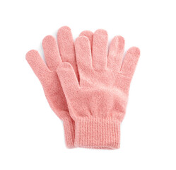 Beige woolen gloves on white background, flat lay. Winter clothes