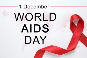 World AIDS Day poster. Red awareness ribbon. text and map on light background
