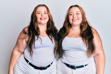 Plus size caucasian sisters woman wearing casual white clothes with a happy and cool smile on face. lucky person.