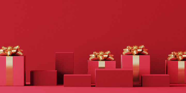 Minimal product background for Christmas, New year and sale event concept. Red gift box with golden ribbon bow on red background. 3d render illustration. Clipping path of each element included.