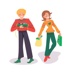 two New Year's persons a man and a woman in winter smart sweaters are preparing for the New Year and Christmas. people decorate christmas tree and go shopping vector isolated