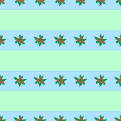 Striped blue winter and New Year pattern with red berries and green leaves and ribbon. 