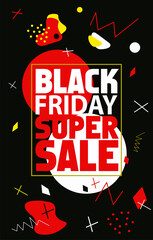 Black Friday. Memphis style banner. Back background. Super sale banner. Black Friday memphis.