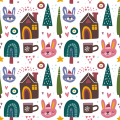 kawaii cute Christmas seamless pattern in scandinavian style. Can use for fabric etc
