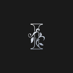I Letter Outline Initial Nature Tropical Leaf logo Icon. Silver classy color logo icon vector design concept monogram vintage luxury.