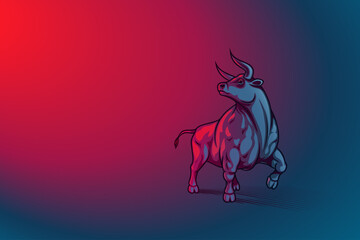 Bull on red lighting background with blue reflected light. Ox is zodiac sign of New Year 2021. Template design with copy space. Hard edge shapes, heavy contour lines drawing style. Vector illustration