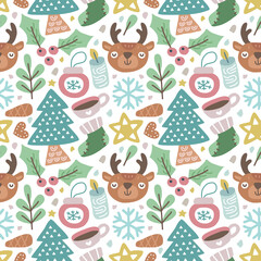 kawaii cute Christmas seamless pattern background. Can use for fabric etc