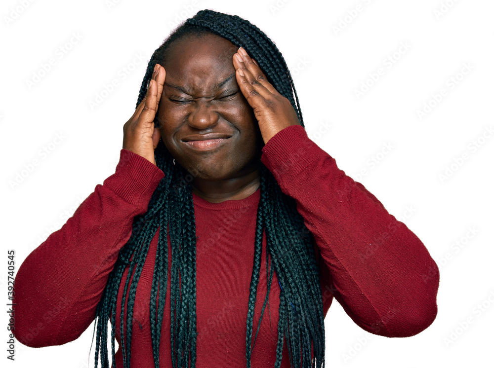 Poster young black woman with braids wearing casual clothes suffering from headache desperate and stressed 