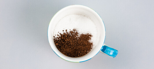 coffee, sugar in coffee cup on white background.