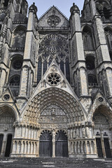 Saint-Étienne Cathedral, Bourges, France. Detail of the majestic Gothic portal in the main facade with the bas-reliefs of the Last Judgment.