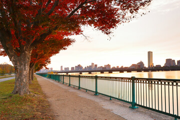 Boston Skyline in autumn showing  the Charles River at sunrise, Boston Massachusetts. 