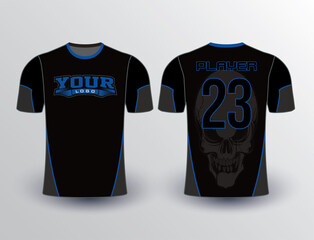 Elegant black jersey with a touch of the blue skull on the back ghosted perfect of all sports baseball softball esports and other team jersey mockup