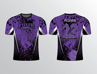 Dark colors combination black purpler metallic grey splashing effect with sides filled with stripe design shirt for sports gear