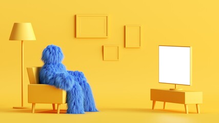 3d render, funny hairy blue monster sits in an armchair, inside the yellow living room, watching TV. Abstract cartoon character