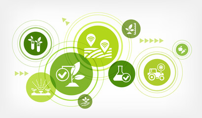 smart farm or farming vector illustration. Concept with icons related to agriculture technology, agritech, modern agronomy, monitoring crop, harvest optimization, iot in farming - obrazy, fototapety, plakaty